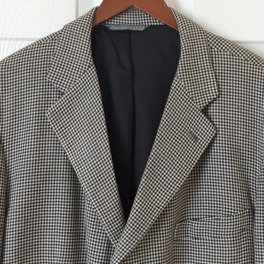Neiman Marcus 90's Vintage Union Made Houndstooth Blazer Jacket Cream Black 48R - Picture 2 of 15